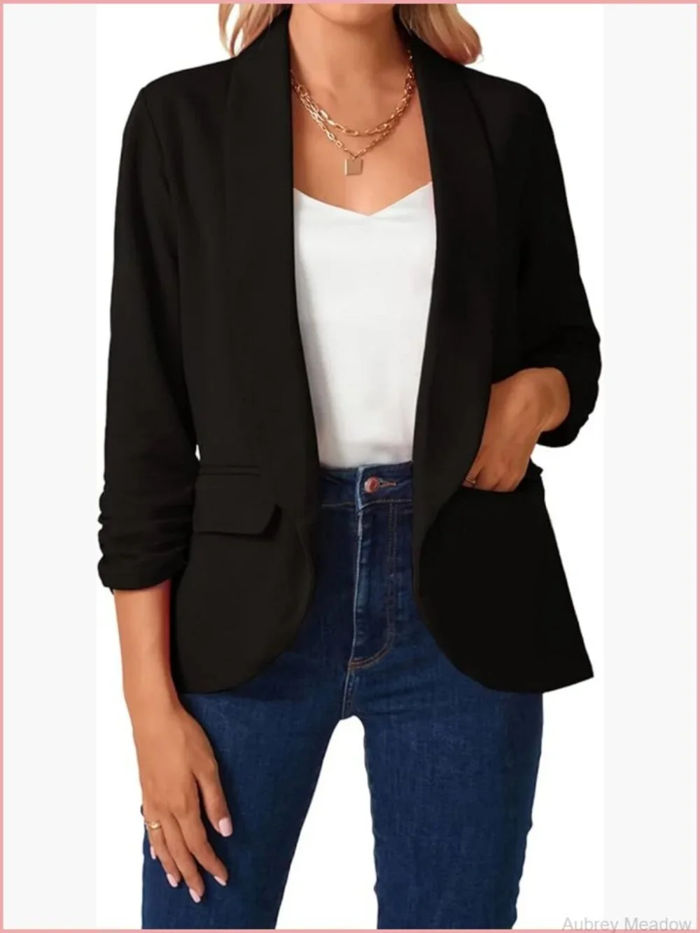 Women's Open Front Blazer 3/4 Ruched Sleeve Shawl Collar Business Work Jacket